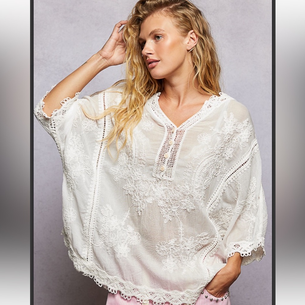 POL White Embroidered Lace Boho Top